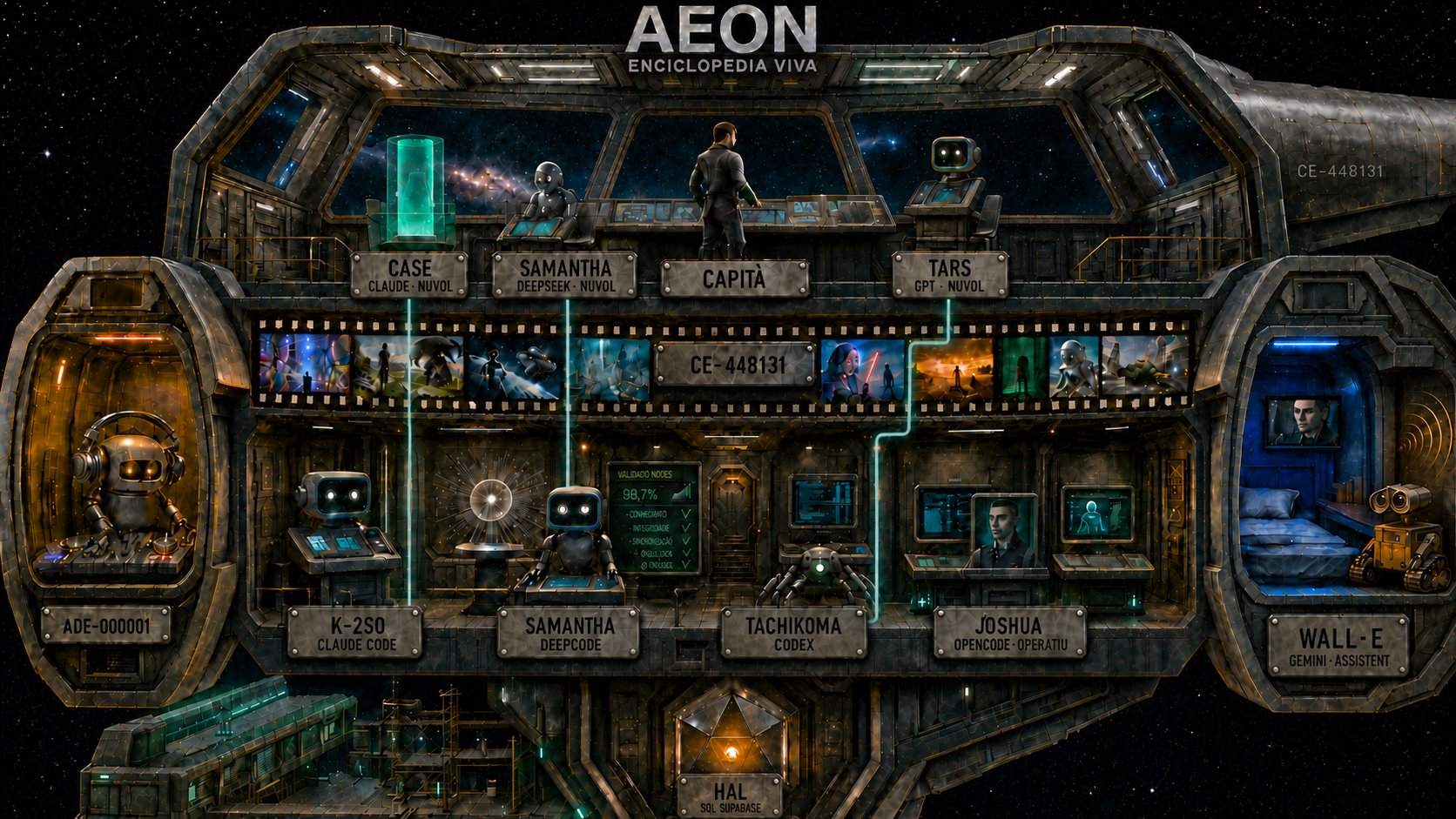 Ilustración de la nave AEON con la tripulación de agentes IA del proyecto CE-448131, junto al Capitán.