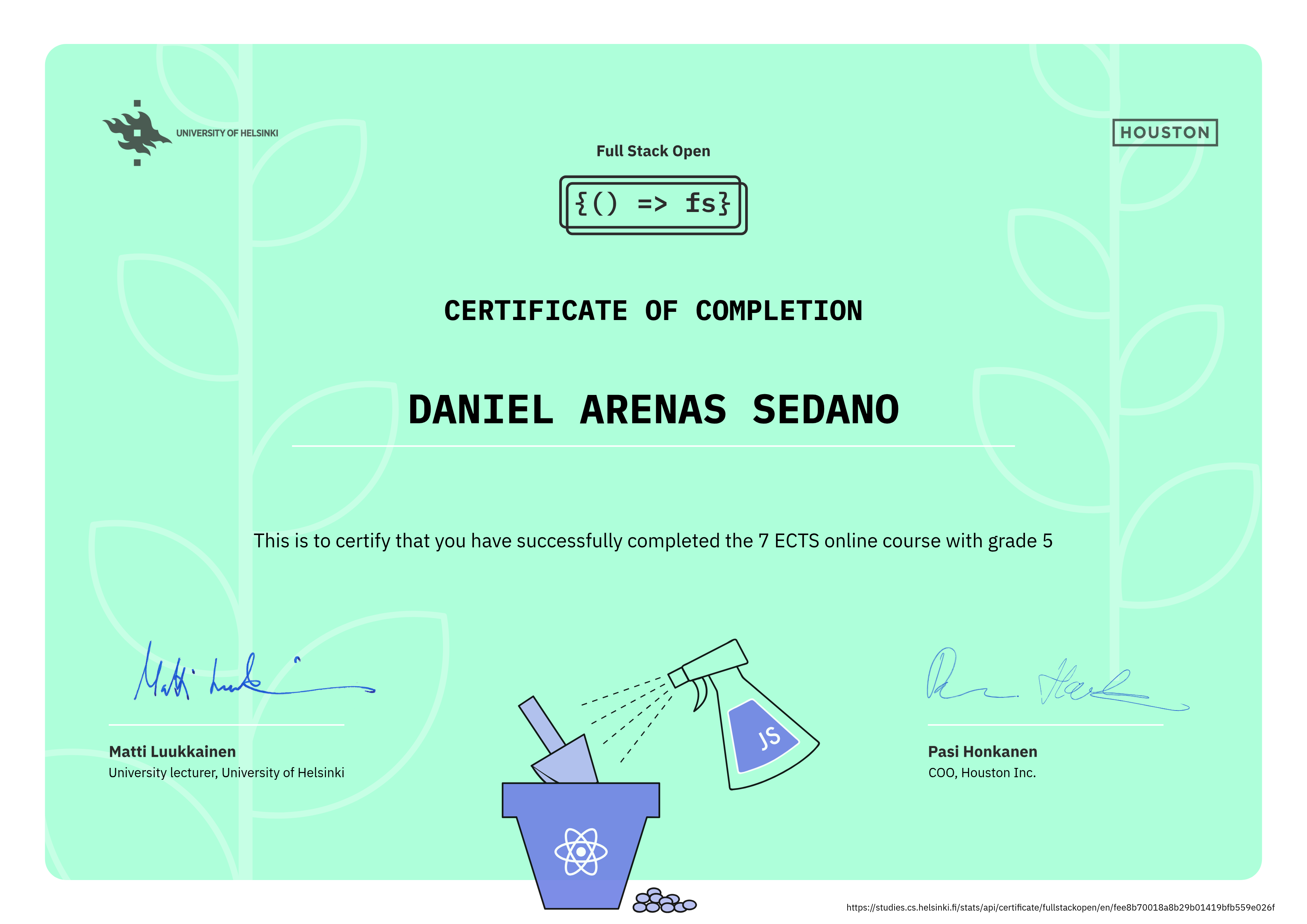 Certificado oficial de Full Stack Open: 7 ECTS, nota 5